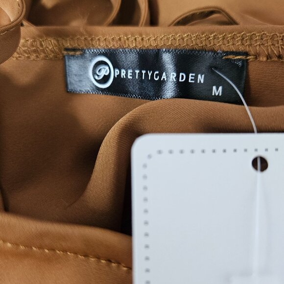 Pretty Garden One-Shoulder Midi Dress Brown Satin Size Medium Party Wedding Chic - Picture 7 of 9